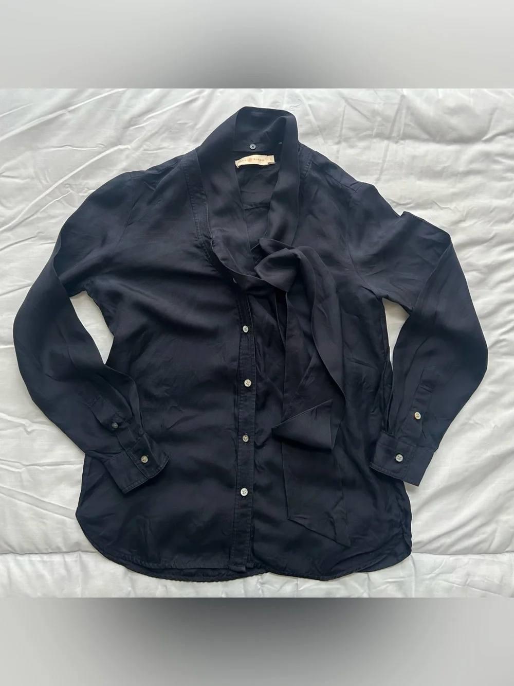 Tory Burch Navy Silk Long-Sleeve Blouse with Neck Tie size 0